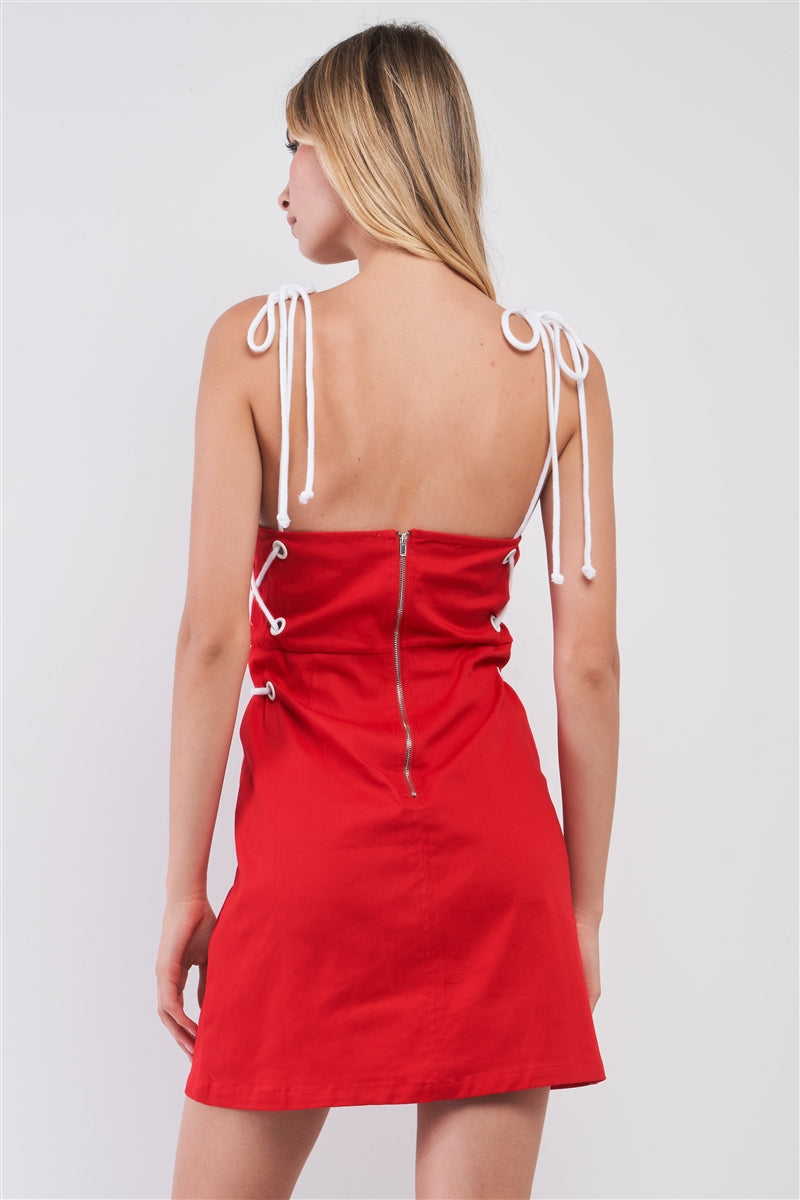 Red Lace-up Straps Sleeveless Square Neck Fitted Mini Dress