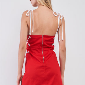 Red Lace-up Straps Sleeveless Square Neck Fitted Mini Dress