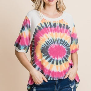 French Terry Tie Dye Printed Casual Mini Bubble Sleeves Tunic Top