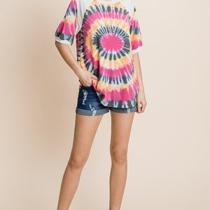 French Terry Tie Dye Printed Casual Mini Bubble Sleeves Tunic Top