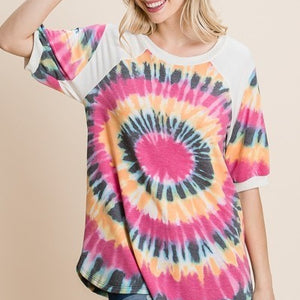 French Terry Tie Dye Printed Casual Mini Bubble Sleeves Tunic Top