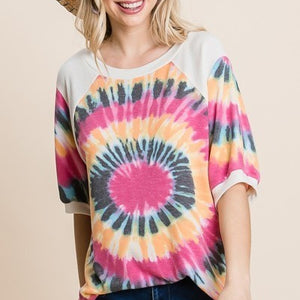 French Terry Tie Dye Printed Casual Mini Bubble Sleeves Tunic Top