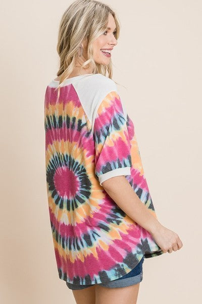 French Terry Tie Dye Printed Casual Mini Bubble Sleeves Tunic Top