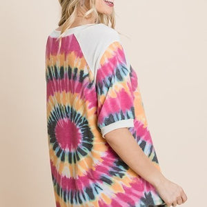 French Terry Tie Dye Printed Casual Mini Bubble Sleeves Tunic Top