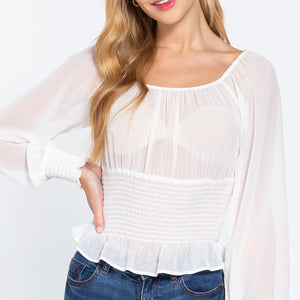 Long Slv Smocked Chiffon Top