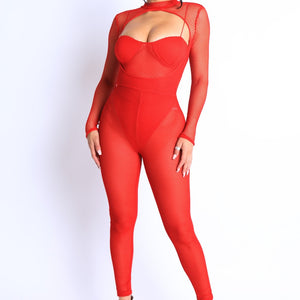 Mesh Crop Jumpsuit Set in Red