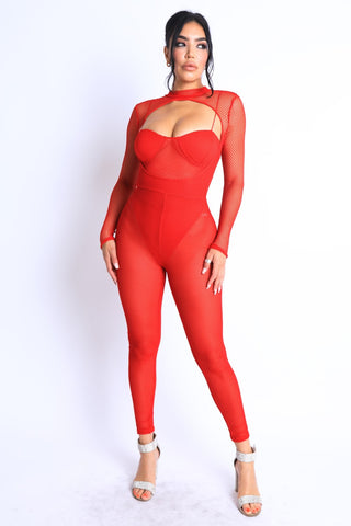 Mesh Crop Jumpsuit Set in Red