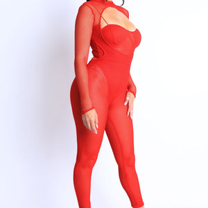 Mesh Crop Jumpsuit Set in Red