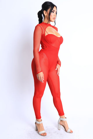 Mesh Crop Jumpsuit Set in Red