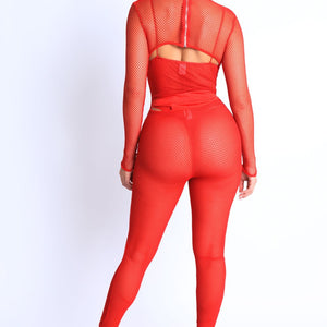 Mesh Crop Jumpsuit Set in Red