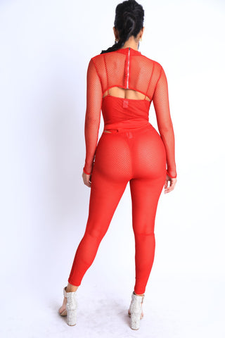 Mesh Crop Jumpsuit Set in Red