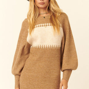 Ribbed Knit Sweater Mini Dress in Camel