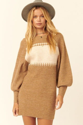 Ribbed Knit Sweater Mini Dress in Camel