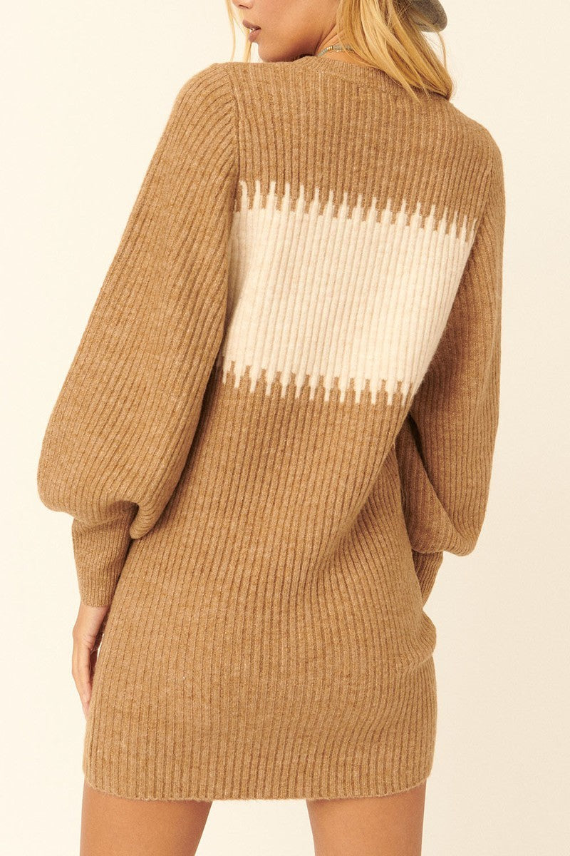 Ribbed Knit Sweater Mini Dress in Camel