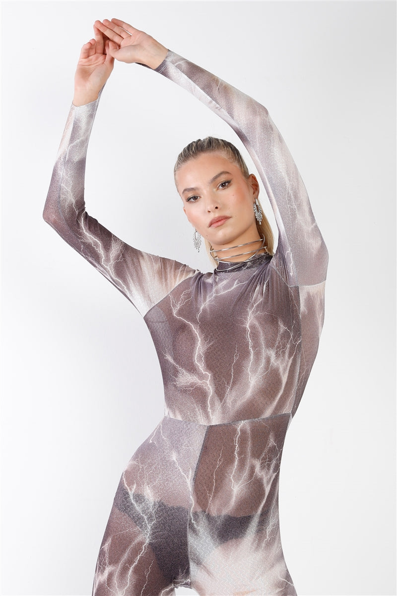 Purple-grey Lightning Print Mock Neck Long Sleeve With Finger Loop Fitted Catsuit / Jumpsuit