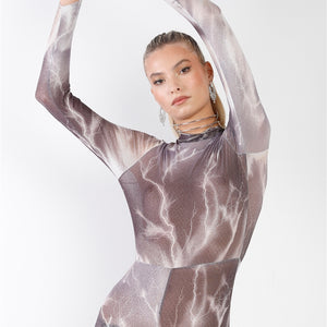 Purple-grey Lightning Print Mock Neck Long Sleeve With Finger Loop Fitted Catsuit / Jumpsuit