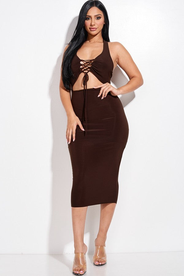 Chocolate Solid Halter Neck Midi Dress With Criss Cross Front And Cutout