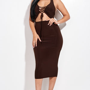 Chocolate Solid Halter Neck Midi Dress With Criss Cross Front And Cutout