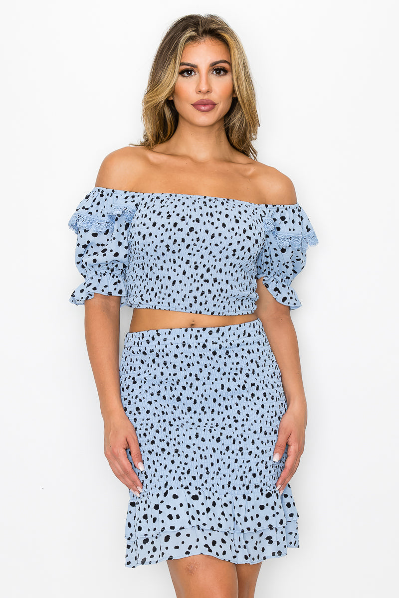 Blue Smocking Ruffled Printed Top & Skirts Set