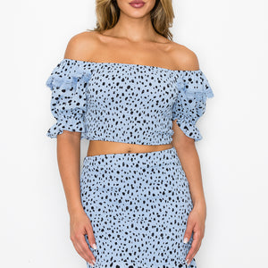 Blue Smocking Ruffled Printed Top & Skirts Set