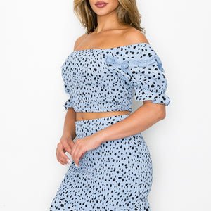 Blue Smocking Ruffled Printed Top & Skirts Set