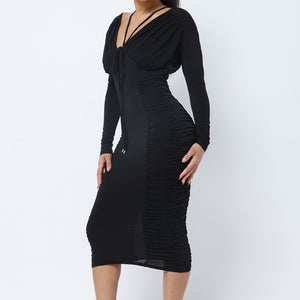 Long Sleeve Midi Dress With Low V Neck Front And Back With Ruching On Sides And Chest