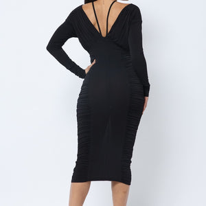 Long Sleeve Midi Dress With Low V Neck Front And Back With Ruching On Sides And Chest