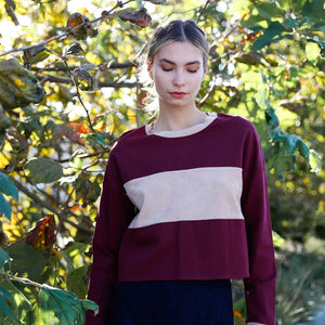 Burgundy Colorblock Long Sleeve Crop Top