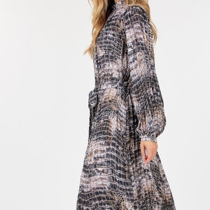 Long Sleeve Pleated Snake Skin Print Midi Dress