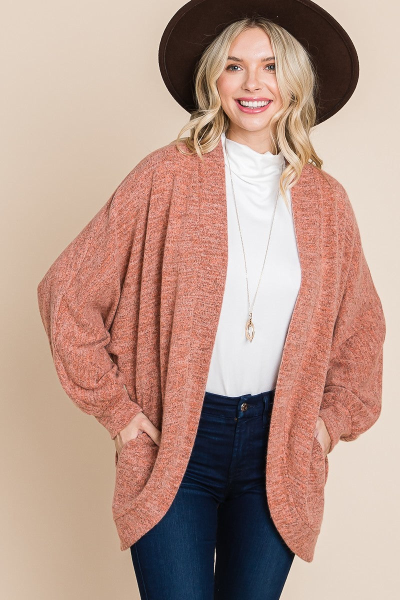 Coral Two Tone Open Front Warm And Cozy Circle Cardigan With Side Pockets