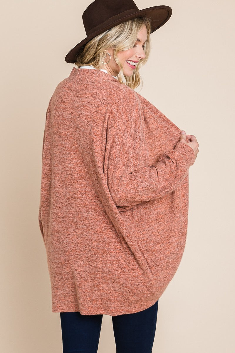 Coral Two Tone Open Front Warm And Cozy Circle Cardigan With Side Pockets