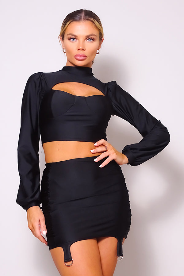 Black Puff Long Sleeve Front Cutout Turtleneck Blouse & Side Ruched Garter Mini Skirt Set