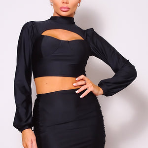 Black Puff Long Sleeve Front Cutout Turtleneck Blouse & Side Ruched Garter Mini Skirt Set