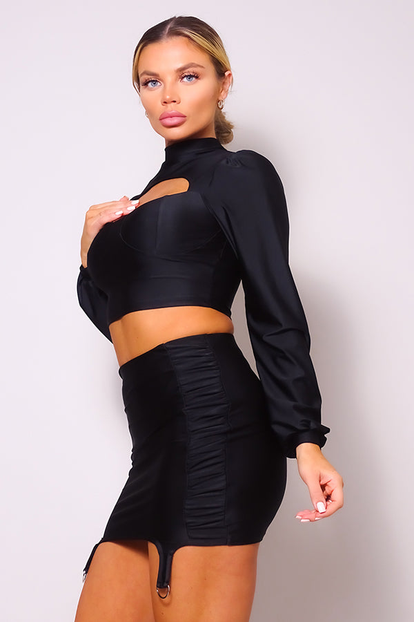 Black Puff Long Sleeve Front Cutout Turtleneck Blouse & Side Ruched Garter Mini Skirt Set