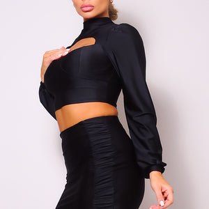 Black Puff Long Sleeve Front Cutout Turtleneck Blouse & Side Ruched Garter Mini Skirt Set