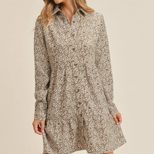 Corduroy Printed Button Down Front Collar Long Sleeve Dress