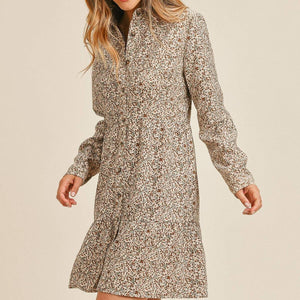 Corduroy Printed Button Down Front Collar Long Sleeve Dress