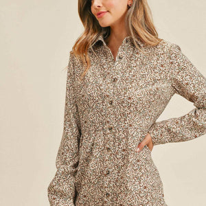 Corduroy Printed Button Down Front Collar Long Sleeve Dress