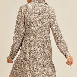 Corduroy Printed Button Down Front Collar Long Sleeve Dress