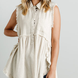 Linen Blend Sleeveless  Button Front Tunic With Frayed Round Hems