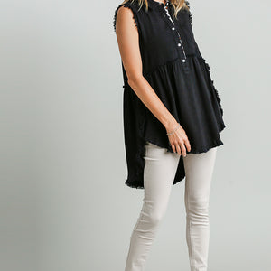 Linen Blend Sleeveless Button Front Tunic With Frayed Round Hems