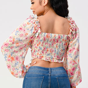 Chic Floral Sweetheart Smocked Body Blouse Top