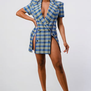 Wide Collared Double Breasted Plaid Blazer Mini Dress