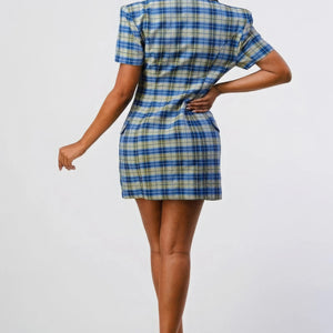 Wide Collared Double Breasted Plaid Blazer Mini Dress