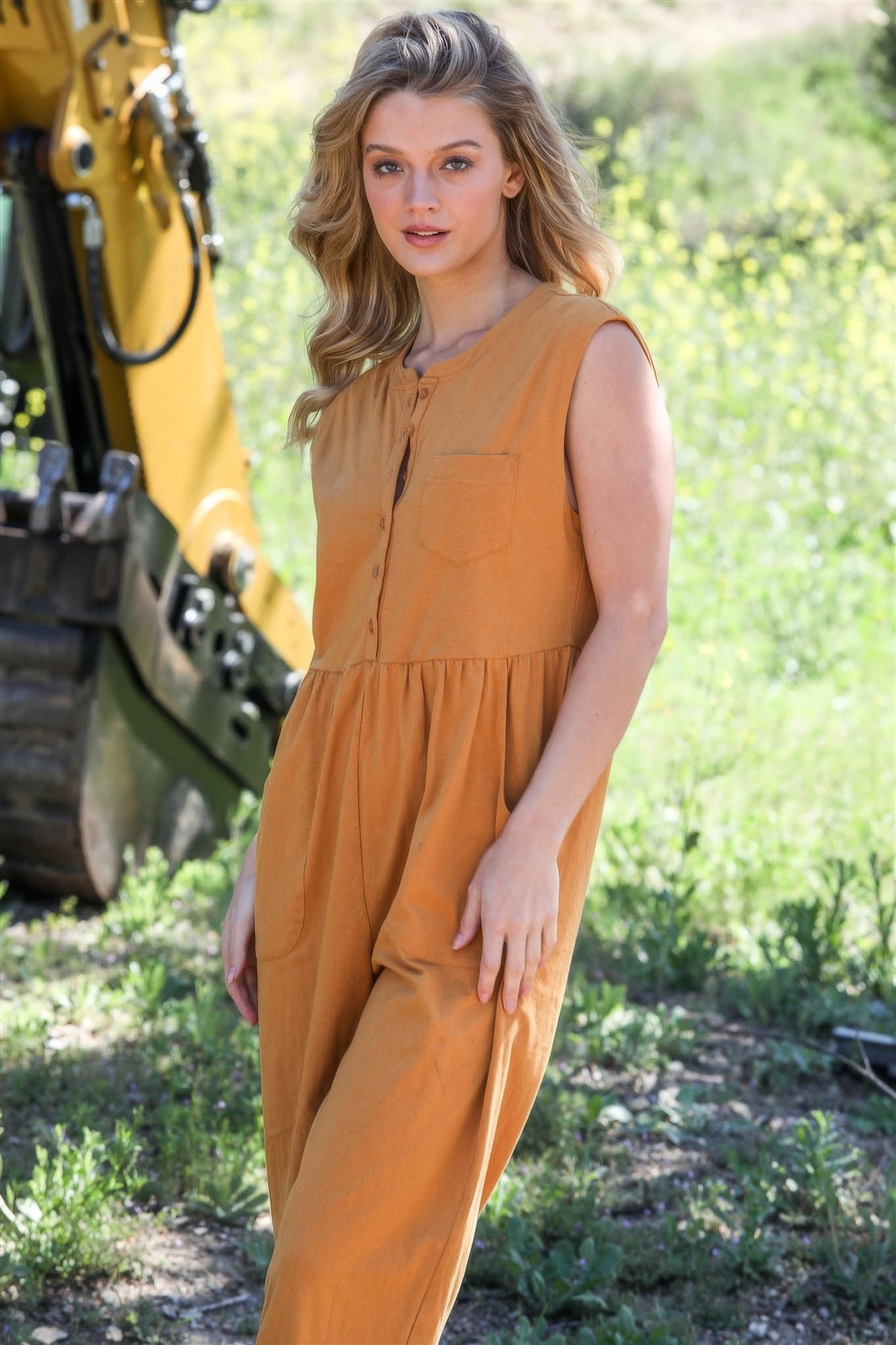 Mustard Cotton Front Button Jumpsuit