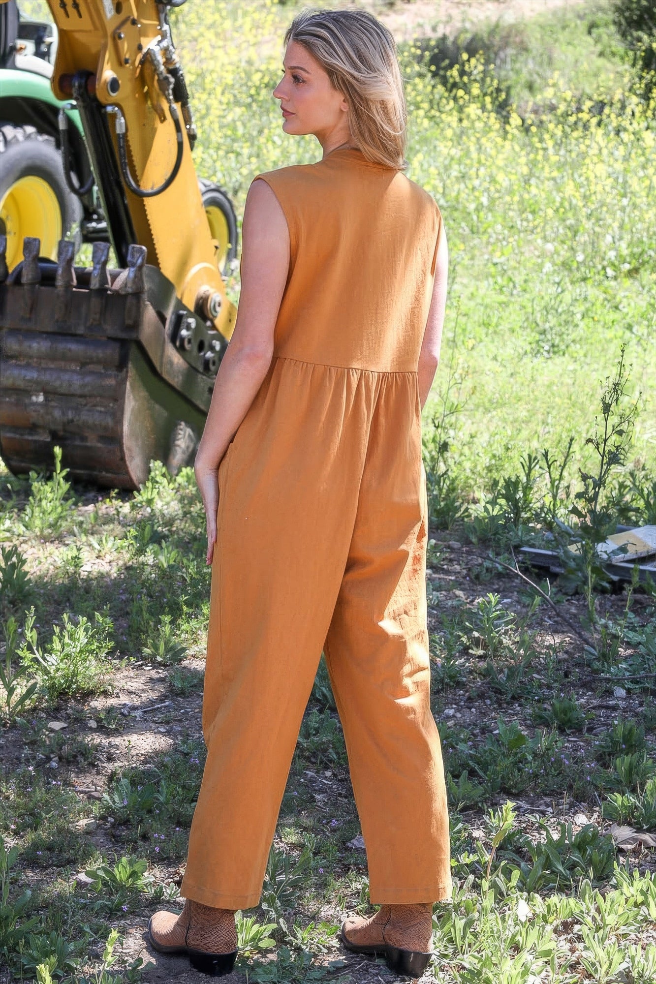 Mustard Cotton Front Button Jumpsuit