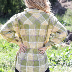 Cotton & Linen Blend Textured Plaid Shirt Top