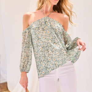 Strap Halter Neck Balloon Sleeve Floral Print Top