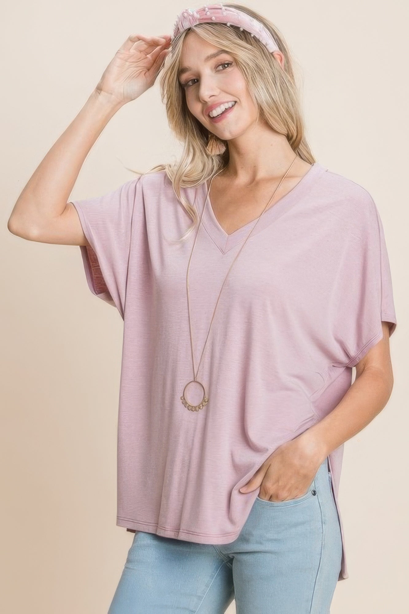 Solid V Neck Casual And Basic Top With Short Dolman Sleeves