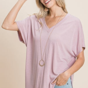 Solid V Neck Casual And Basic Top With Short Dolman Sleeves